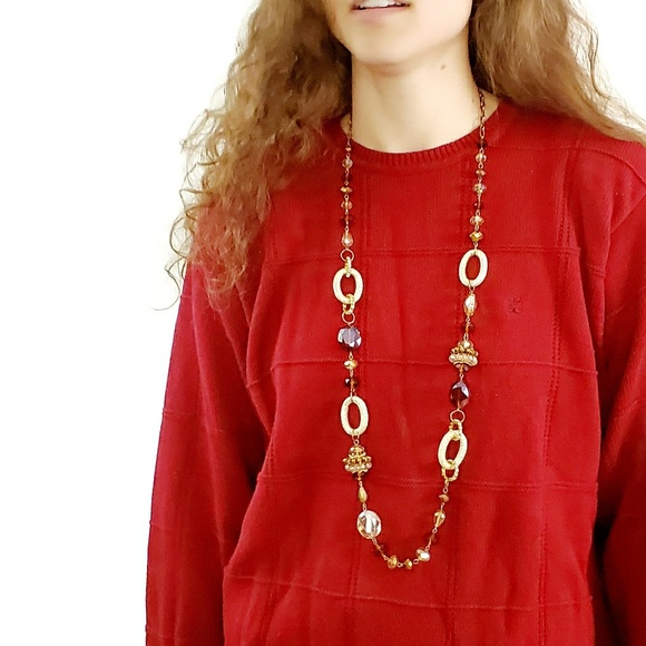 Long Retro 80s Beaded Gold Tone Crystal Necklace - Picture 2 of 8